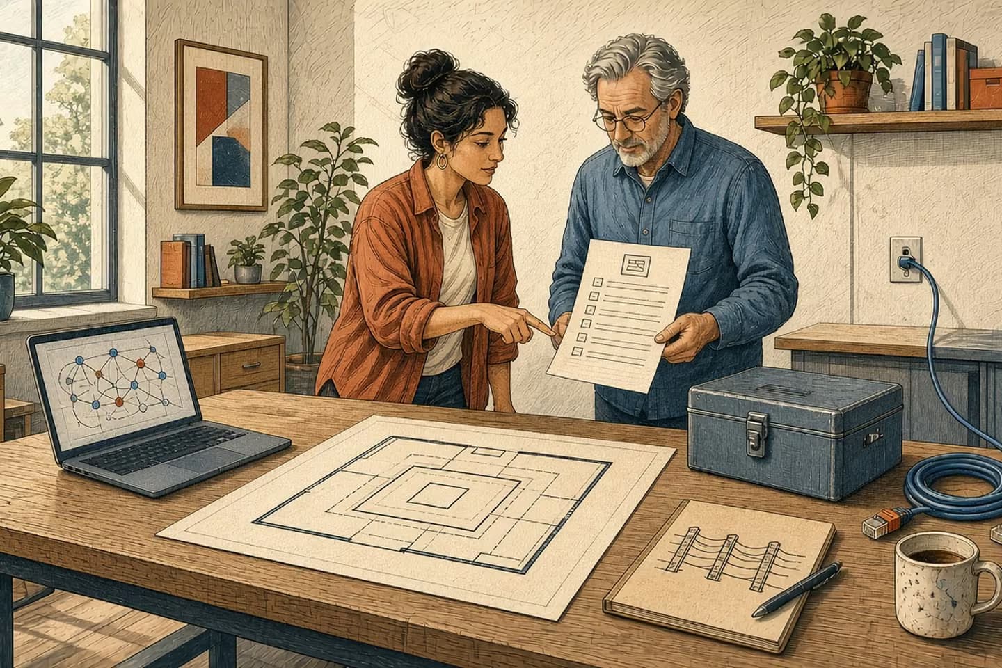 Two colleagues in a bright studio review a containment boundary map beside an unplugged network cable, laptop network diagram, and checklist.