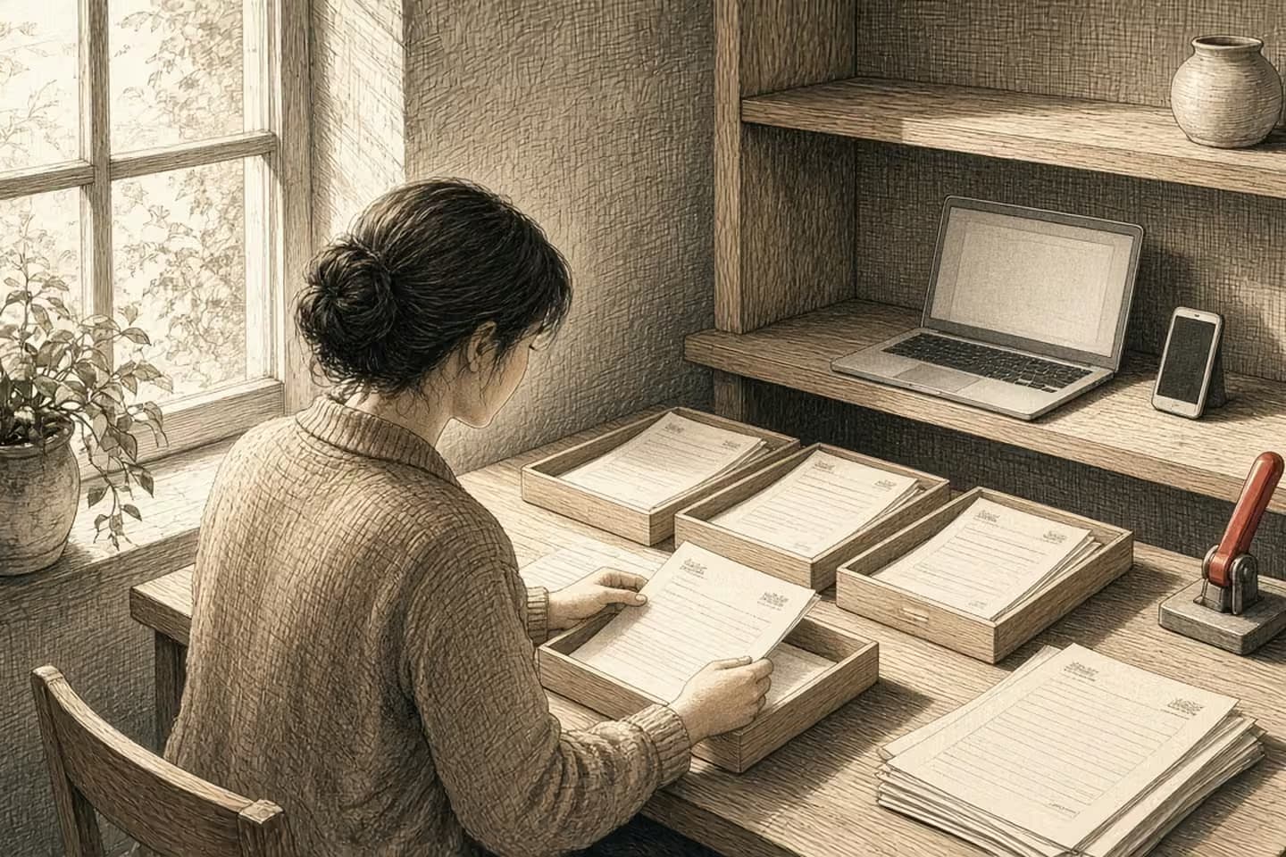 Bright alcove: a person sorts papers into wooden trays, with a laptop and phone on a shelf.