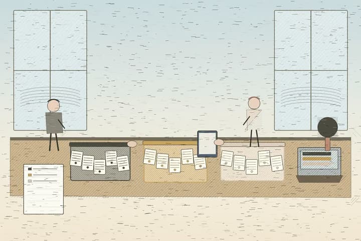 Editorial engraving of operators sorting agent actions into allow, flag, and block trays in a bright daylight studio.