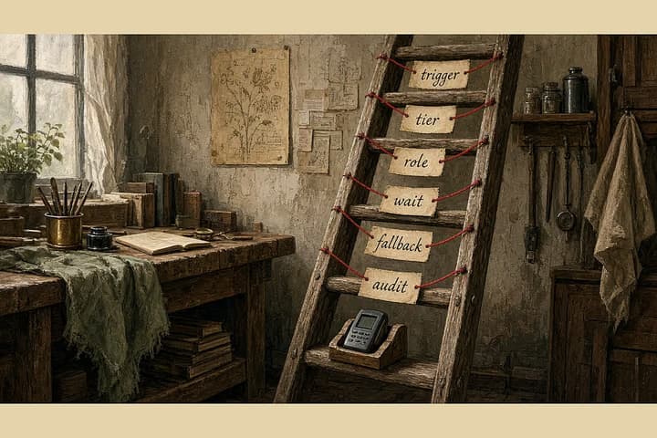 Antique workshop ladder beside a workbench; each rung tagged trigger, tier, role, wait, fallback, audit with red thread; soft light.