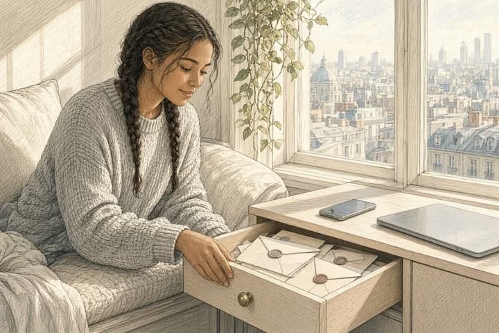 Morning window seat: a person opens a drawer of sealed envelopes beside a phone and a closed laptop.