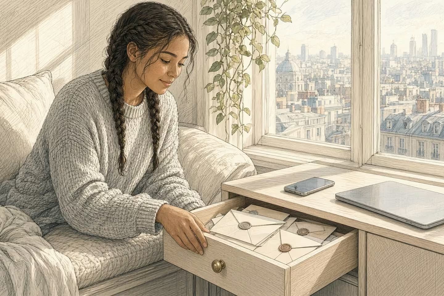 Morning window seat: a person opens a drawer of sealed envelopes beside a phone and a closed laptop.