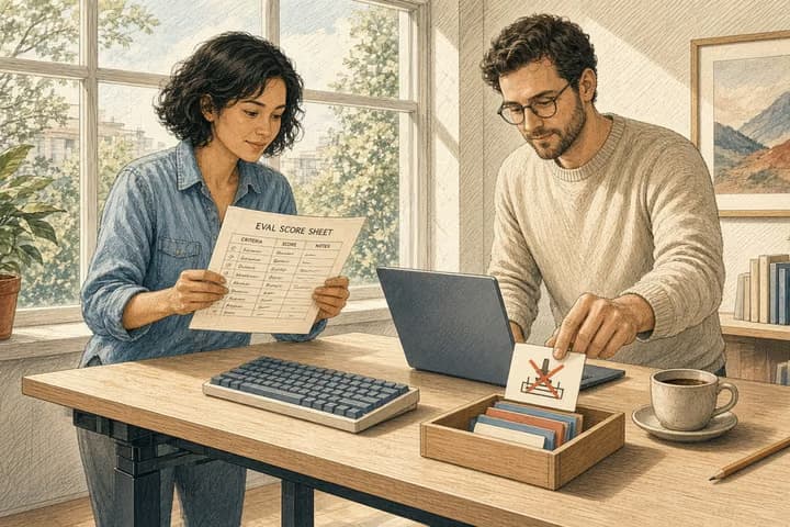 Cross-hatched editorial engraving of two operators at a bright studio desk with an eval score sheet, a reject tray of shortcut cards, a laptop, and a pencil.
