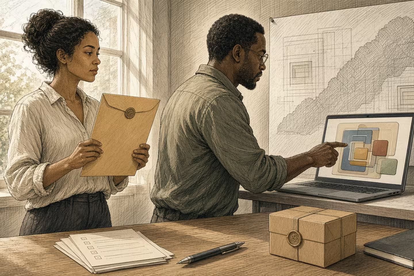 Fine cross-hatch studio scene: operators review a sealed holdout envelope beside a laptop showing abstract workflow blocks.