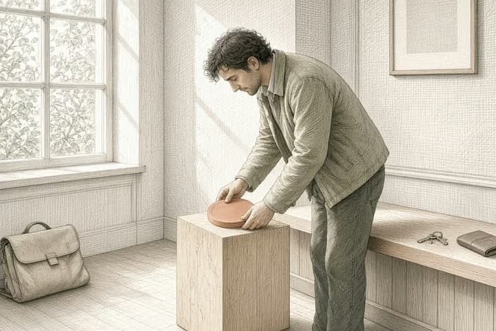 Pale hallway: a person sets a round seal on a block, with keys and a wallet left on a bench.