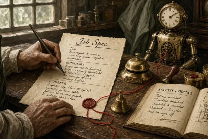 Antique atelier desk with a fillable job-spec form, boundary stamps, an escalation bell, a success-evidence ledger, and a red thread tying the form to a waiting mechanical clerk.