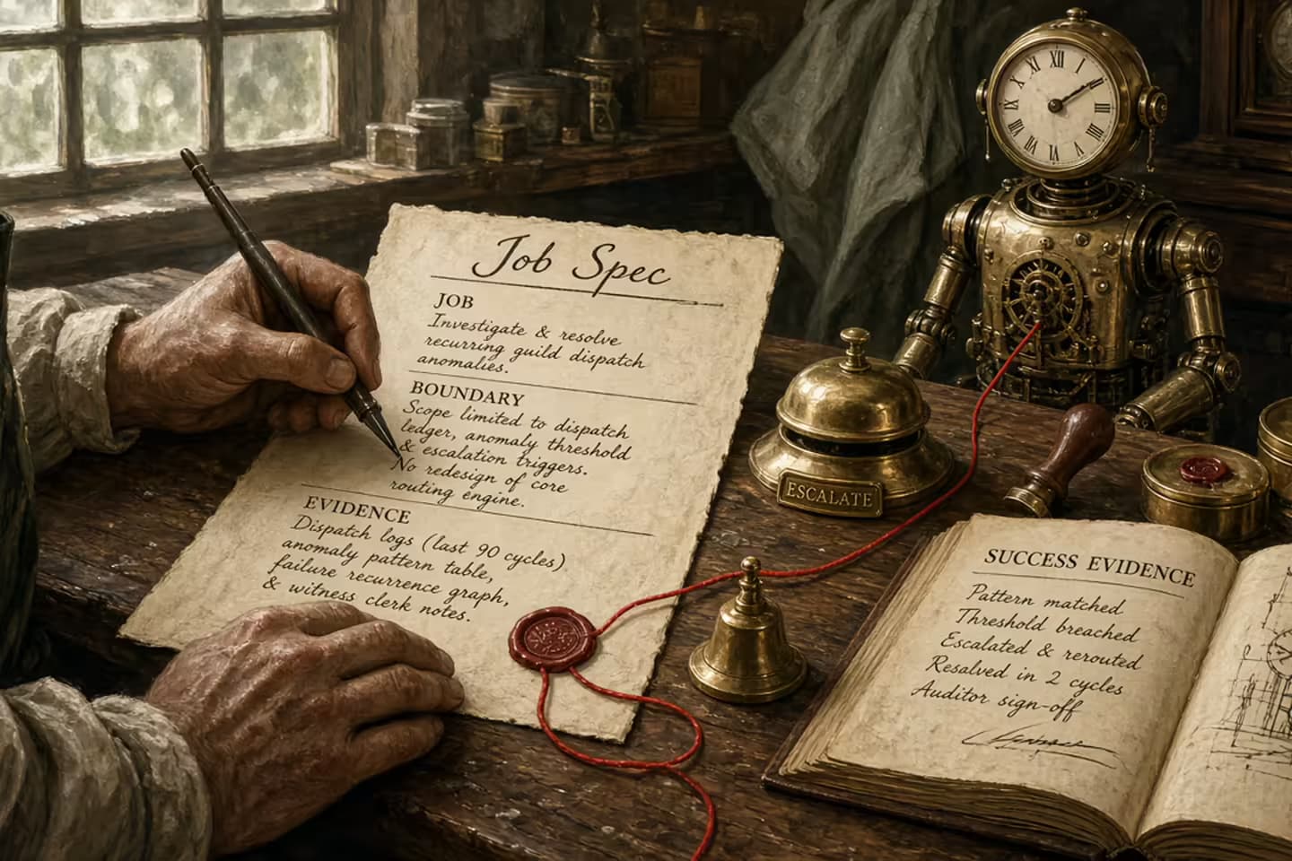 Antique atelier desk with a fillable job-spec form, boundary stamps, an escalation bell, a success-evidence ledger, and a red thread tying the form to a waiting mechanical clerk.