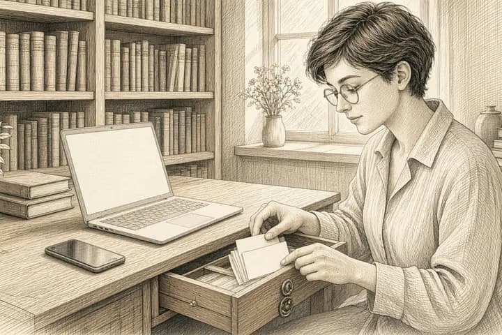 Sunlit library desk: a person files blank slips into a drawer beside a laptop with an empty screen.