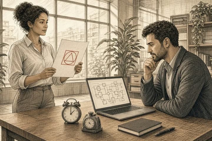 Two colleagues in a bright office review a workflow on a laptop and a marked sheet, with clocks on the desk.