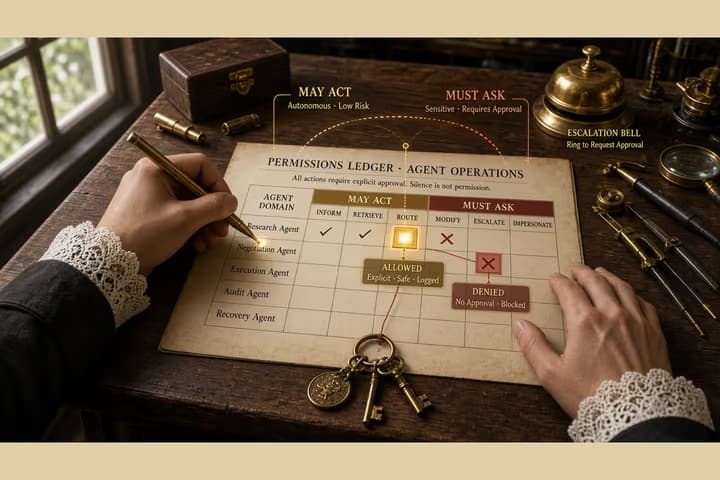 Hands mark a paper permissions ledger while golden labels distinguish MAY ACT from MUST ASK beside keys and an escalation bell.