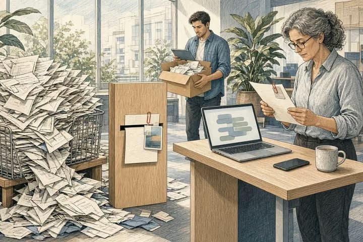 Cross-hatched colored editorial engraving in a bright, plant-filled modern office: a wire inbox overflows with near-identical paper slips spilling onto the floor, a narrow oak sorting box lets through only a slip with a photo clipped by a terracotta clip, and a grey-haired reviewer reads one evidence-backed slip at a standing desk beside a laptop while a colleague carries in another box of envelopes.