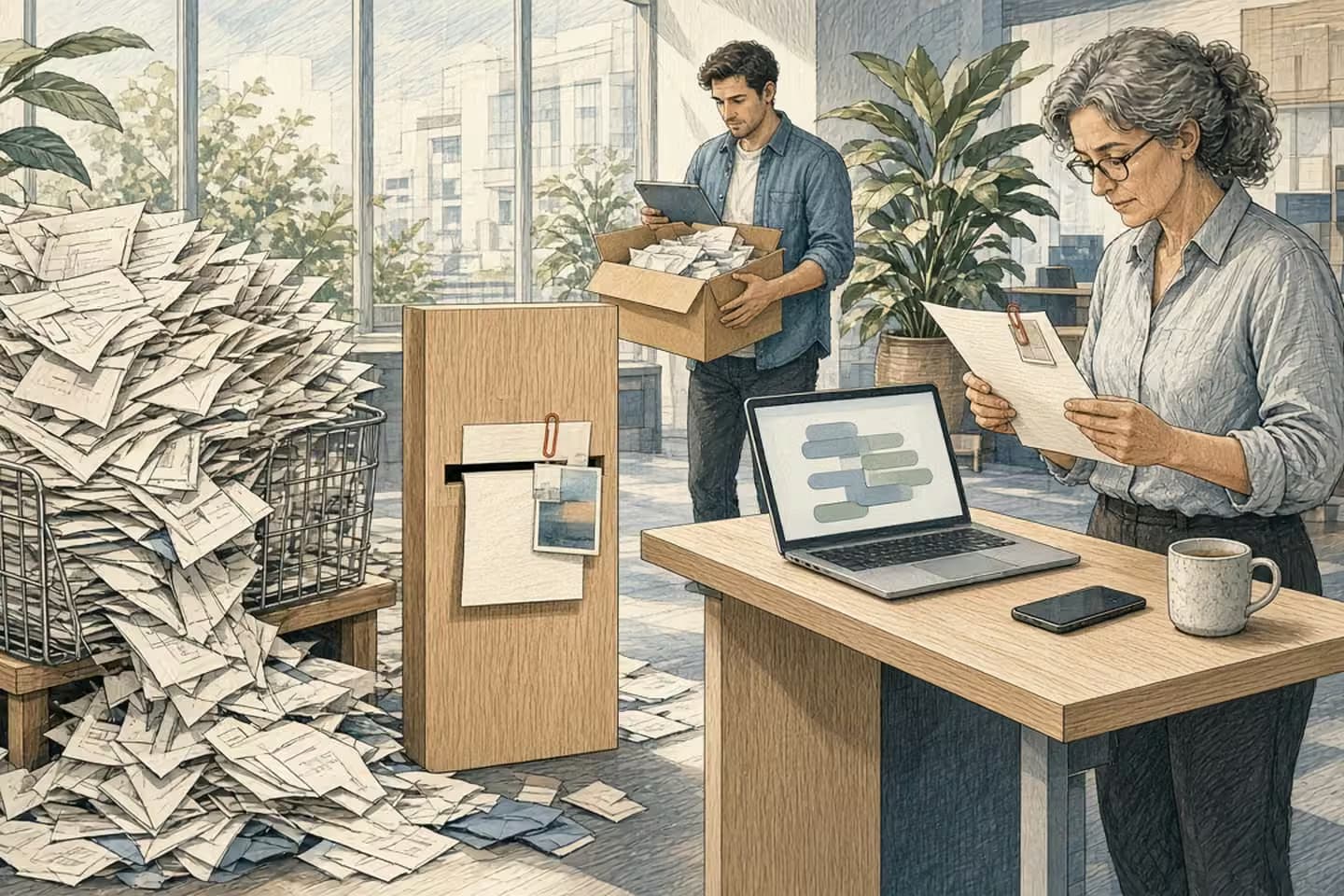 Cross-hatched colored editorial engraving in a bright, plant-filled modern office: a wire inbox overflows with near-identical paper slips spilling onto the floor, a narrow oak sorting box lets through only a slip with a photo clipped by a terracotta clip, and a grey-haired reviewer reads one evidence-backed slip at a standing desk beside a laptop while a colleague carries in another box of envelopes.