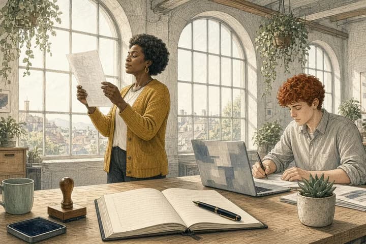 In a sunlit studio with tall arched windows, a woman in a mustard cardigan holds a printed page up to the light while a colleague marks up printouts beside a laptop, with an open ledger, fountain pen and date stamp on the table in front.