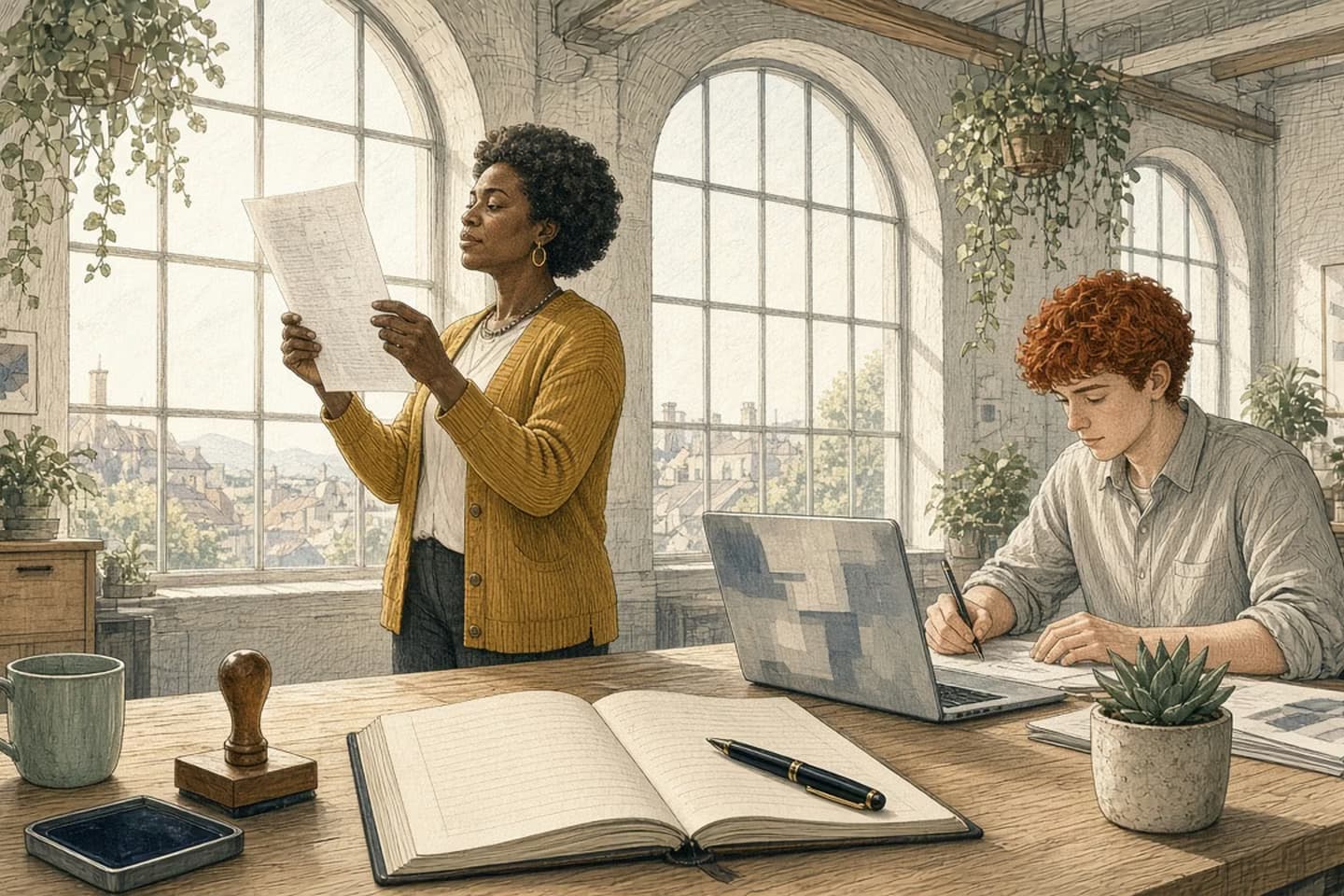 In a sunlit studio with tall arched windows, a woman in a mustard cardigan holds a printed page up to the light while a colleague marks up printouts beside a laptop, with an open ledger, fountain pen and date stamp on the table in front.