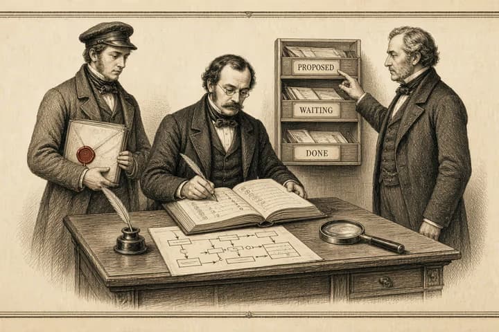 A specialist selects evidence from an archive while an assistant carries a vetted folio to a colleague