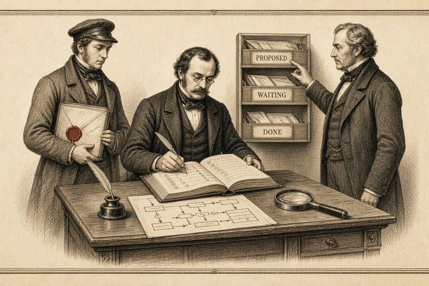 A specialist selects evidence from an archive while an assistant carries a vetted folio to a colleague