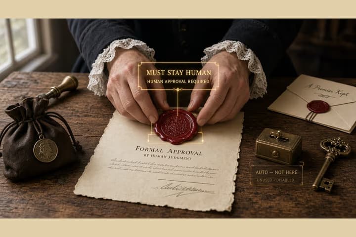 Hands press a red wax seal on a formal approval while an unused AUTO switch sits aside, marked MUST STAY HUMAN.