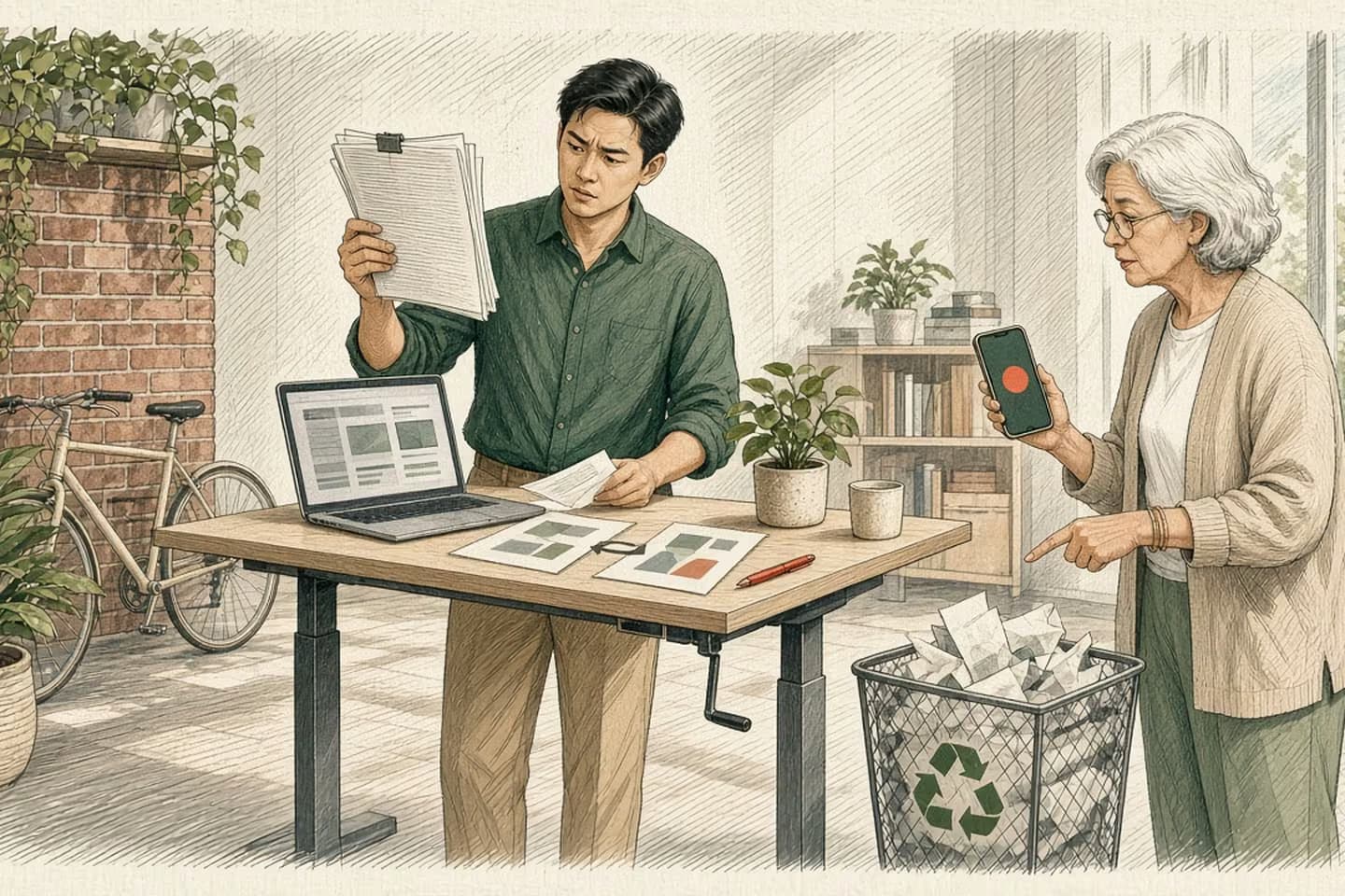 Editorial engraving of a bright open office where a young man holds up a thick printed report while an older colleague with a phone showing one alert points to a recycling bin of old printouts beside his standing desk.