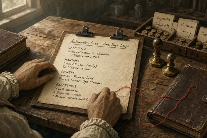 Antique planning table with a single clipped one-pager, handoff arrows, exception cards in a tray, owner stamps, and a red thread from scope page to a closed purchase folio.