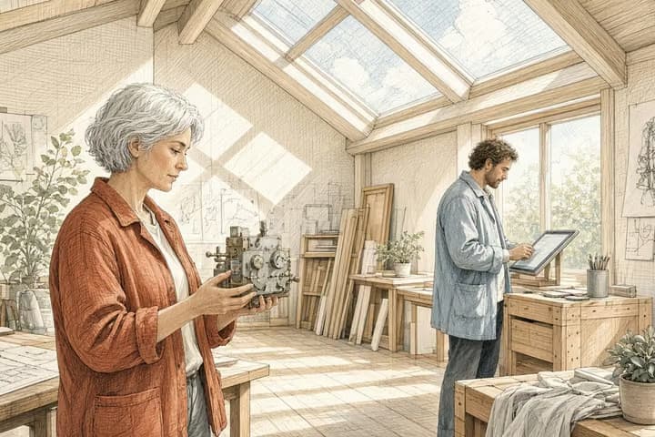 Sunlit loft: a woman holds a hand-built prototype while a man reviews a tablet beside a wooden crate.
