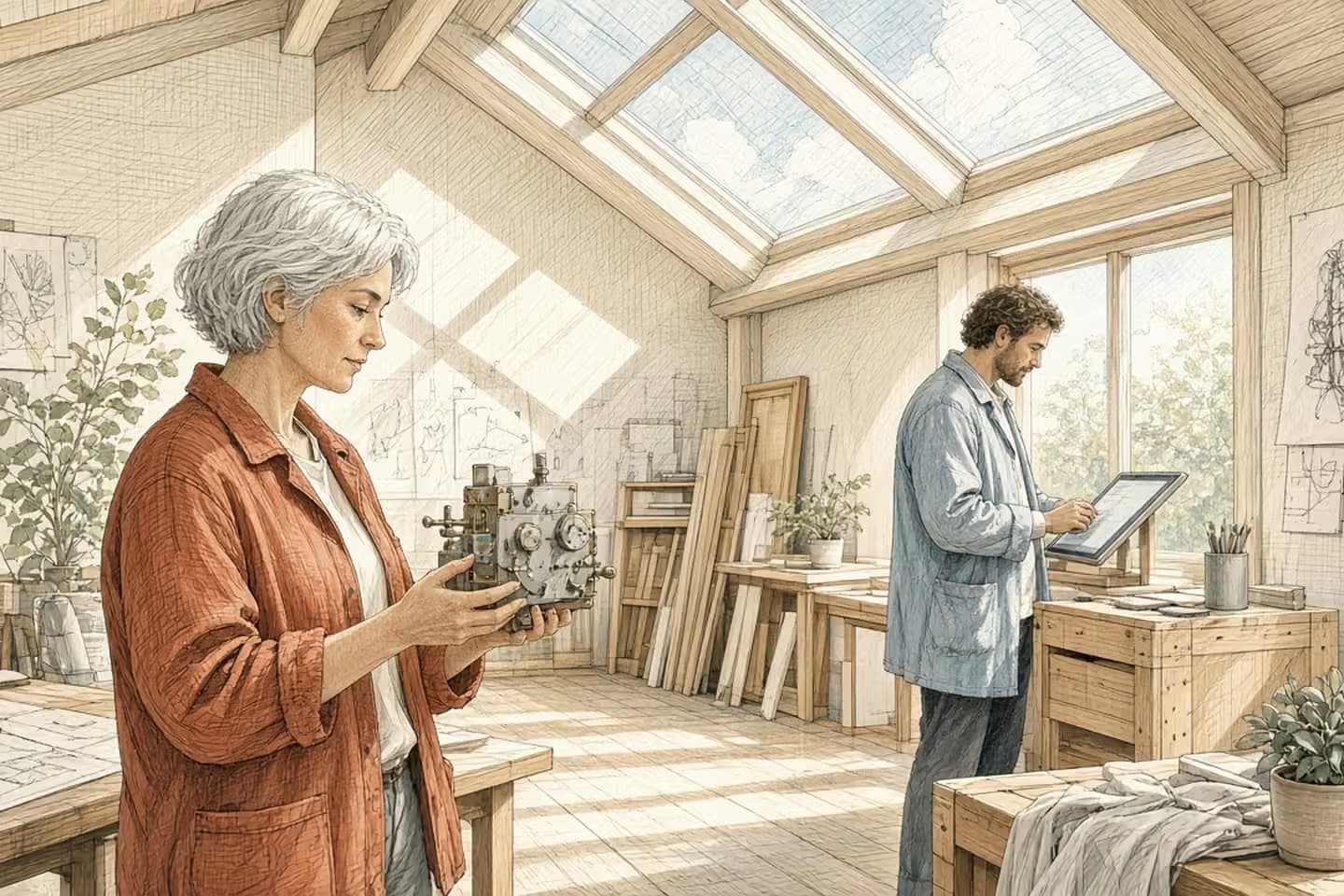 Sunlit loft: a woman holds a hand-built prototype while a man reviews a tablet beside a wooden crate.