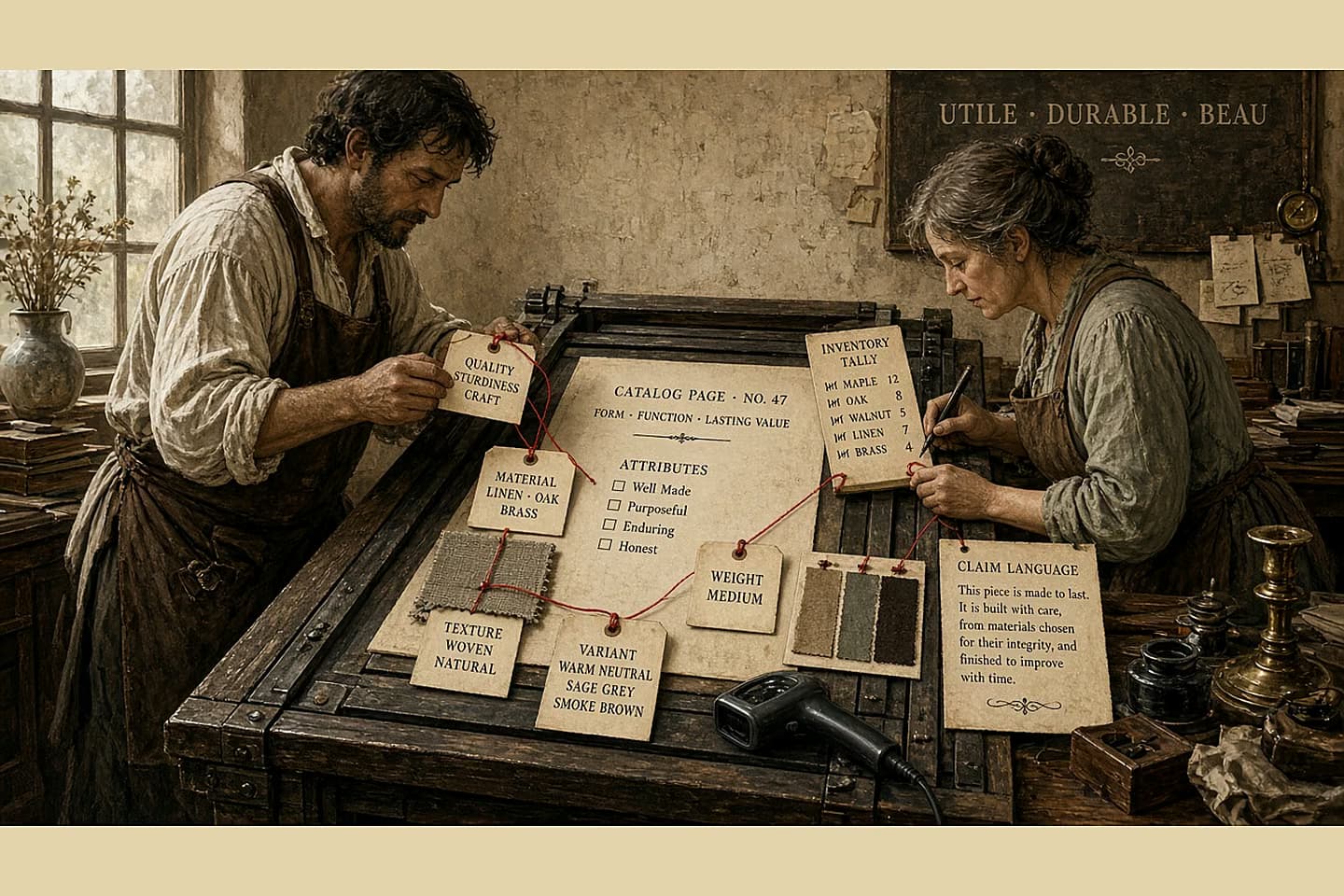Antique print shop with a catalog page on a press bed; red thread linking attribute tags, variant swatches, a stock tally stick, and claim language type; soft workshop light.