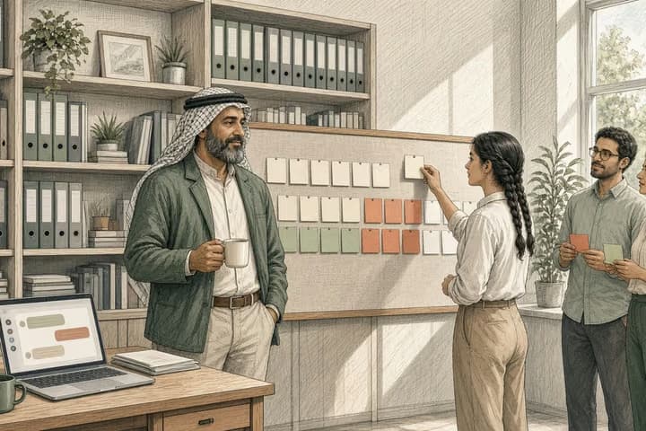 Editorial engraving of a sunlit office library where a young woman sorts colored index cards of questions into four groups on a pinboard while an experienced manager and two colleagues with sticky notes look on, binders on shelves behind.
