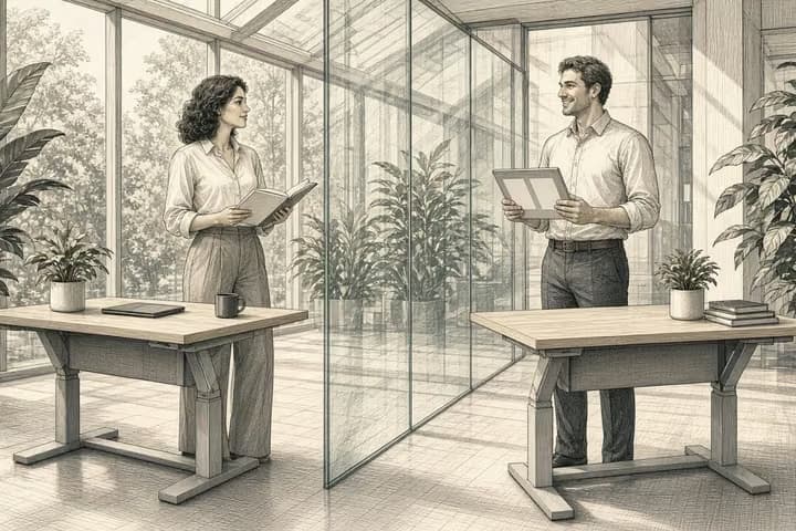 Glass office: two people at facing desks, one with a notebook and one with a tablet of two blank profiles.