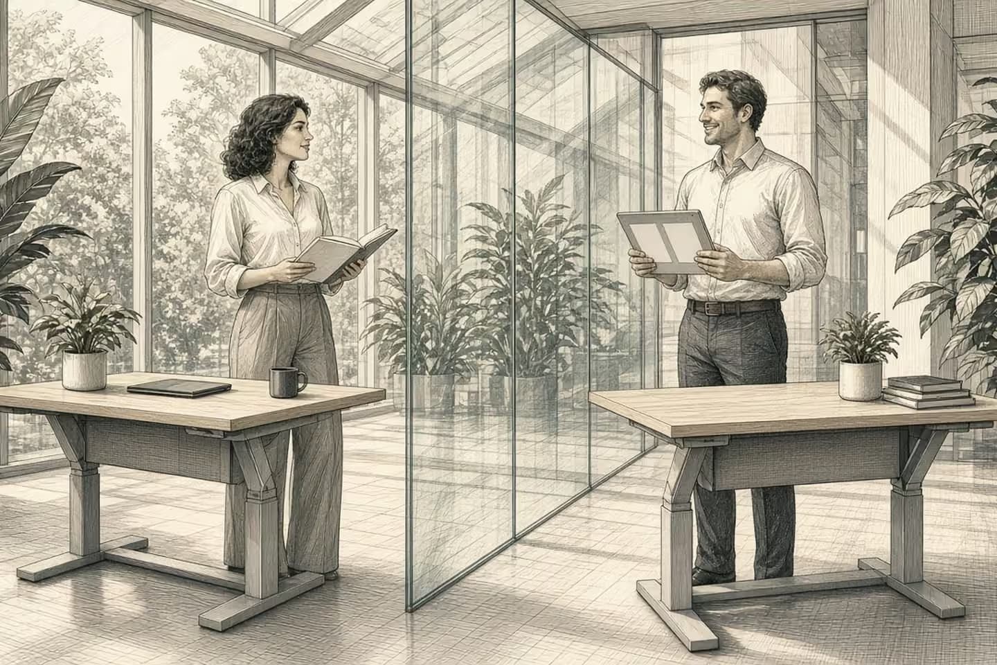 Glass office: two people at facing desks, one with a notebook and one with a tablet of two blank profiles.