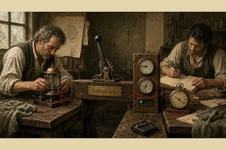 Antique workshop bridge between two workbenches; red thread marking a freeze lantern, dual-run gauges, a rollback lever with a name tag, and a first-hour watch clock.