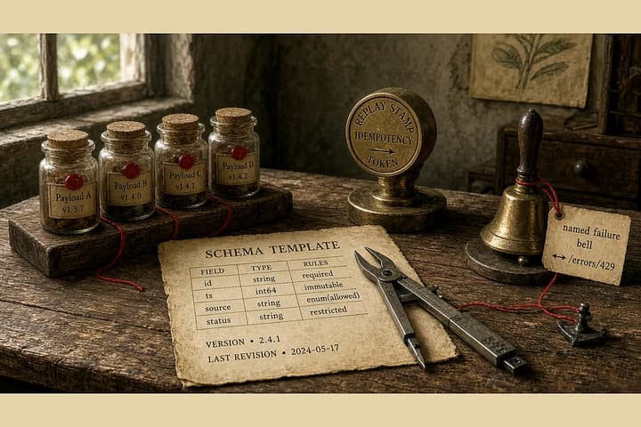Antique workshop test bench with sealed sample jars, a replay stamp, a caliper on a schema template, and a named failure bell linked by red thread.