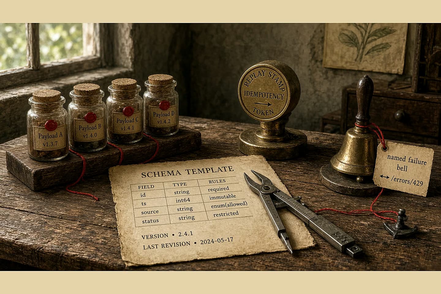 Antique workshop test bench with sealed sample jars, a replay stamp, a caliper on a schema template, and a named failure bell linked by red thread.
