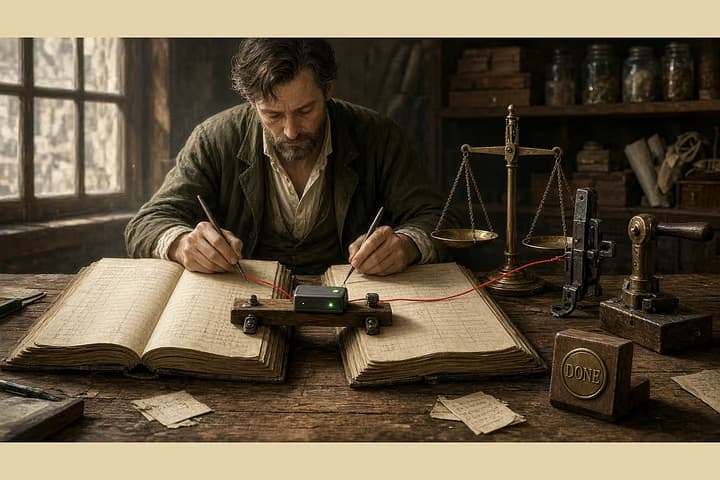 Antique workshop clerk writing in two ledgers at once; red thread to compare scale, freeze latch, rollback lever, and done stamp.