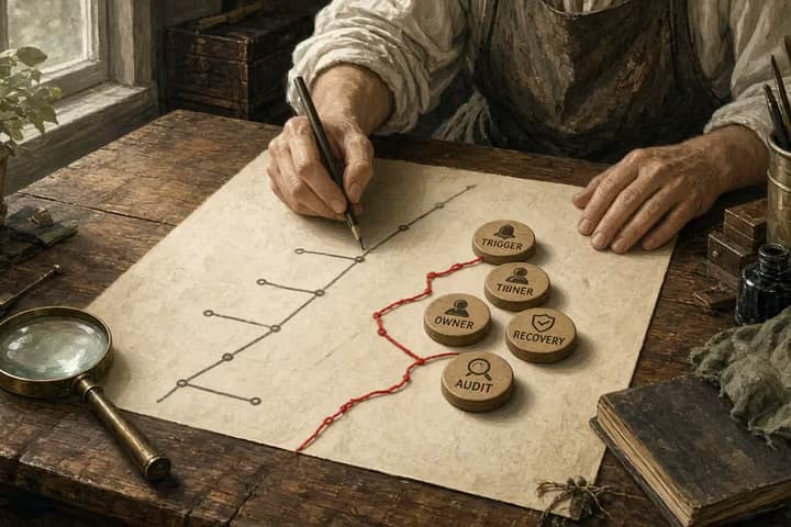 Antique workshop drafting table with a four-cell canvas, red thread linking trigger, owner, recovery, and audit cards beside a clean-path diagram left unfinished.