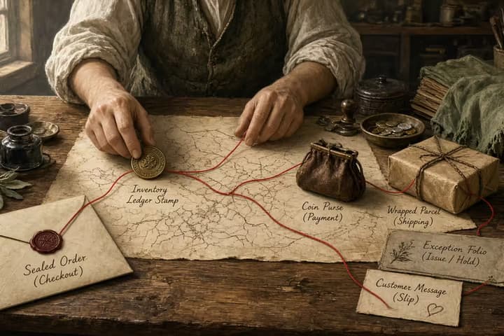 Antique packing atelier with a red thread running from a checkout ledger through inventory crates, a payment stamp, a shipping trunk, an exception card, and a customer letter.