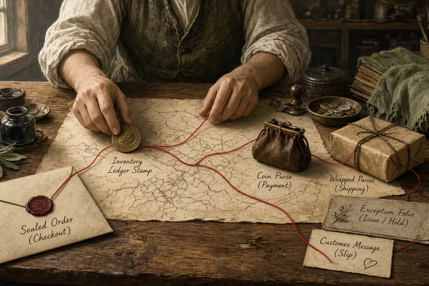 Antique packing atelier with a red thread running from a checkout ledger through inventory crates, a payment stamp, a shipping trunk, an exception card, and a customer letter.