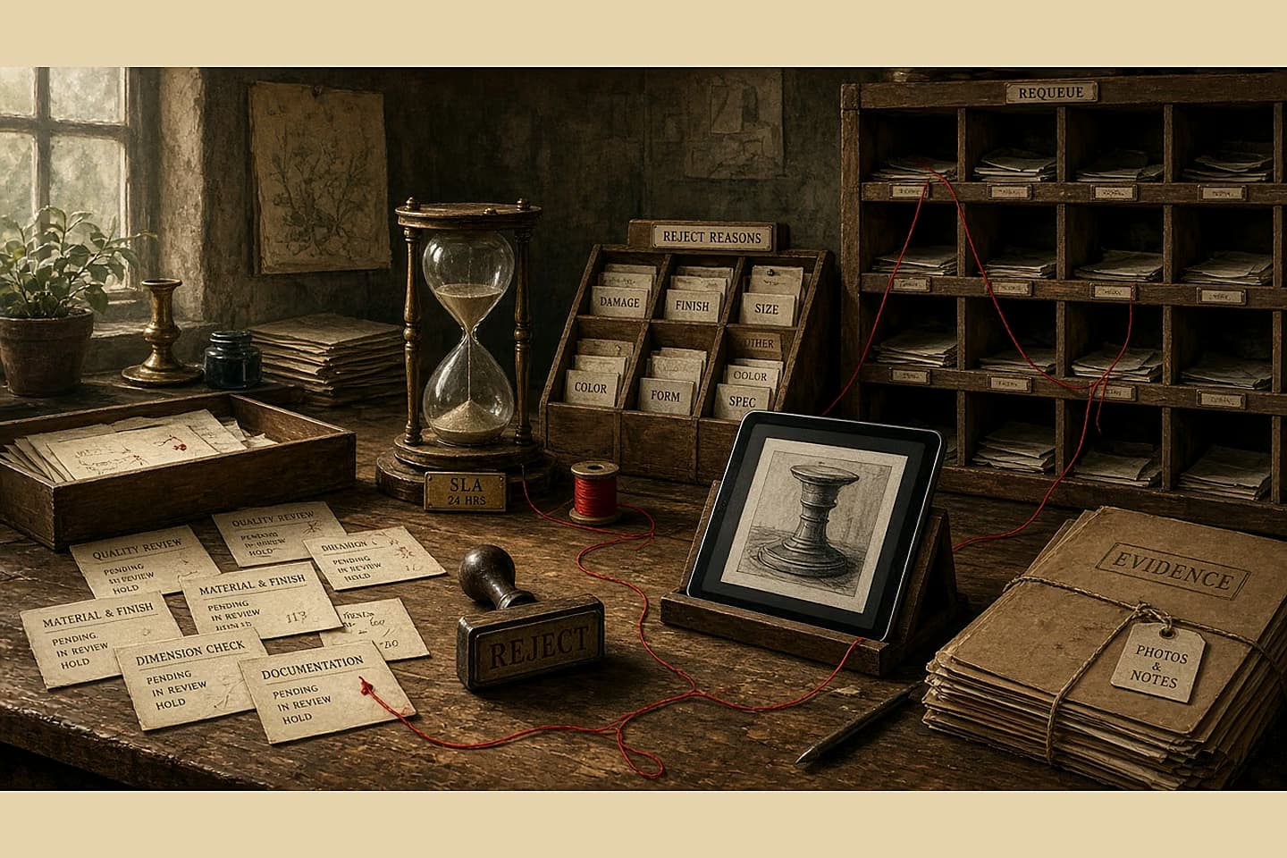 Antique workshop review table with labeled tickets, hourglass SLA, evidence folders, reject stamp rack, and requeue pigeonholes linked by red thread.