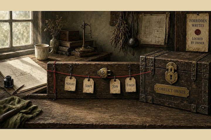 Antique workshop with two craft stations and a marked boundary rail between them; red thread labeling allowed tools on the rail and a locked chest for forbidden writes.