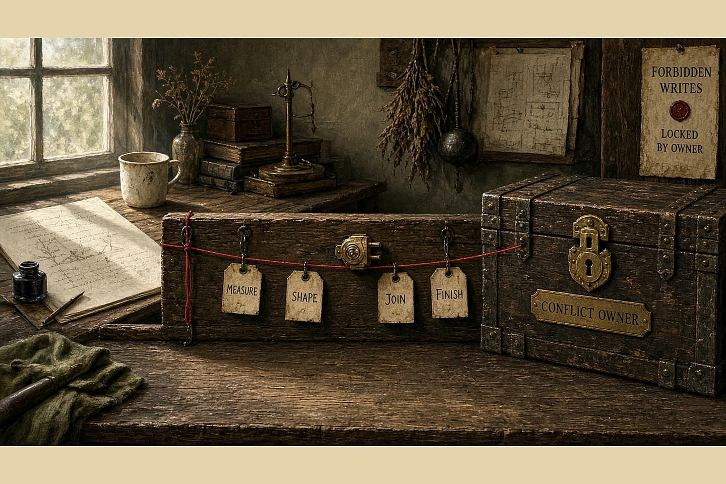Antique workshop with two craft stations and a marked boundary rail between them; red thread labeling allowed tools on the rail and a locked chest for forbidden writes.
