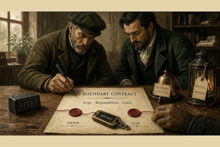 Antique workshop with two craft leads signing a boundary contract; red thread linking owner seals, retry stamp, schema notice bell, and on-call lantern.