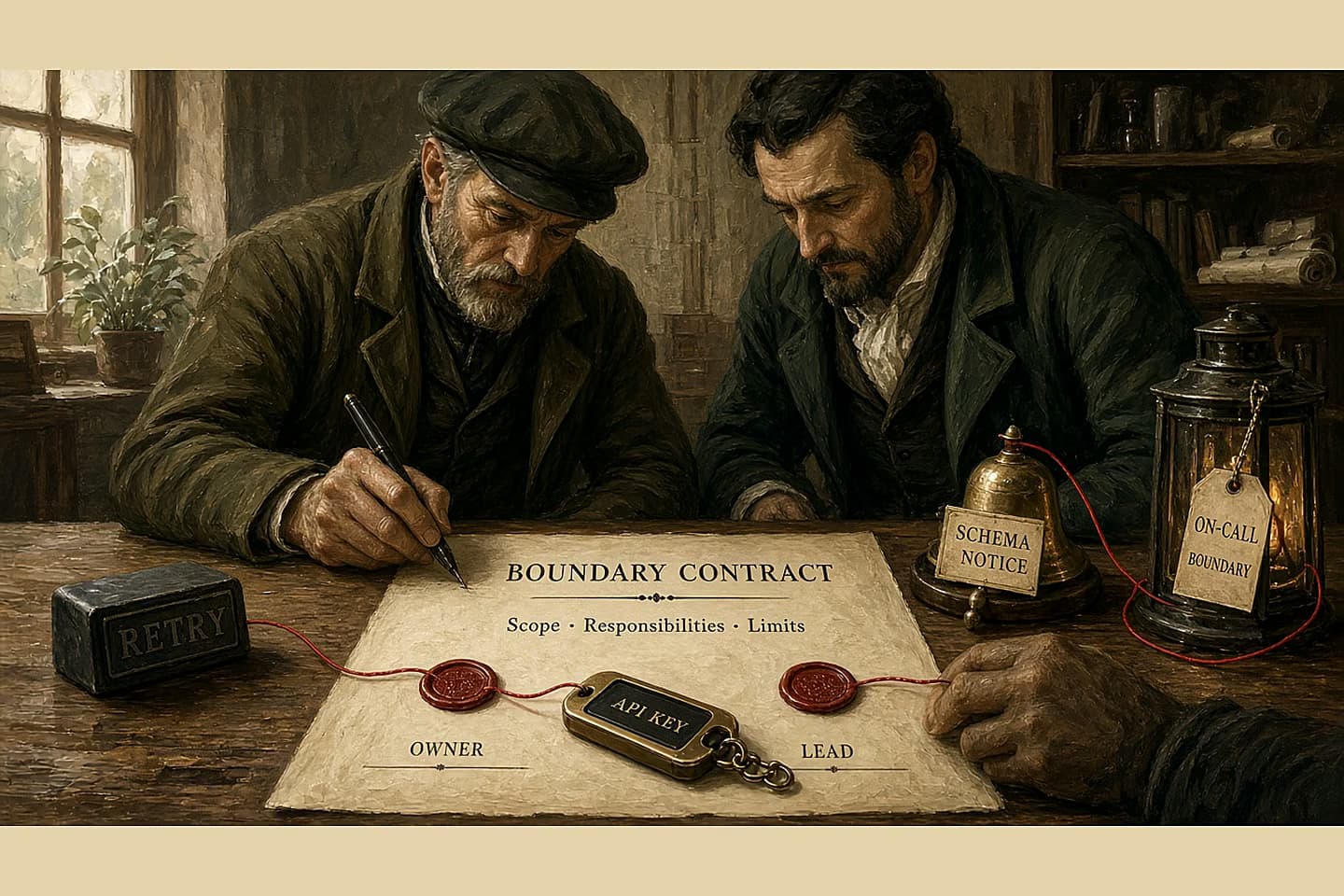 Antique workshop with two craft leads signing a boundary contract; red thread linking owner seals, retry stamp, schema notice bell, and on-call lantern.