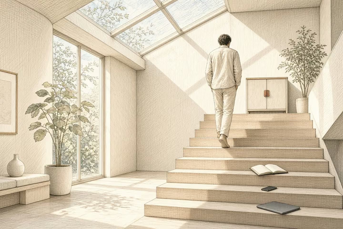 Bright stair: a person walks up pale steps past a book, a phone, and a laptop toward a small cabinet.