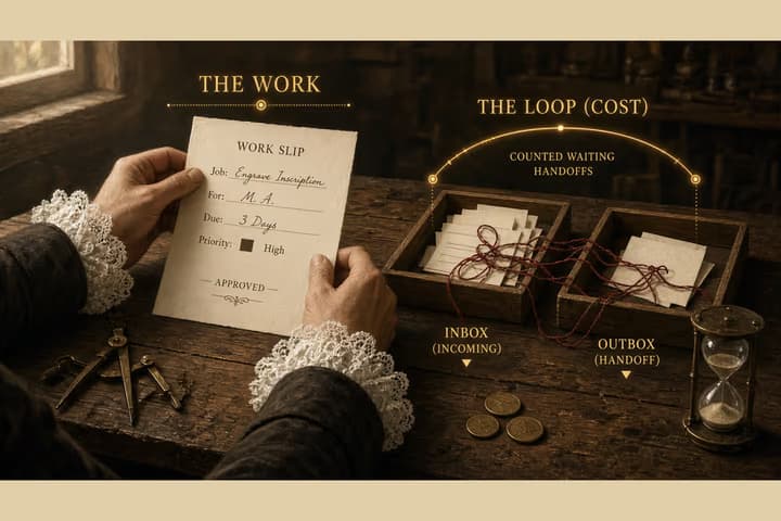 Hands in lace cuffs hold a work slip labeled THE WORK while red thread links inbox and outbox trays under a THE LOOP (COST) label on a workshop desk.