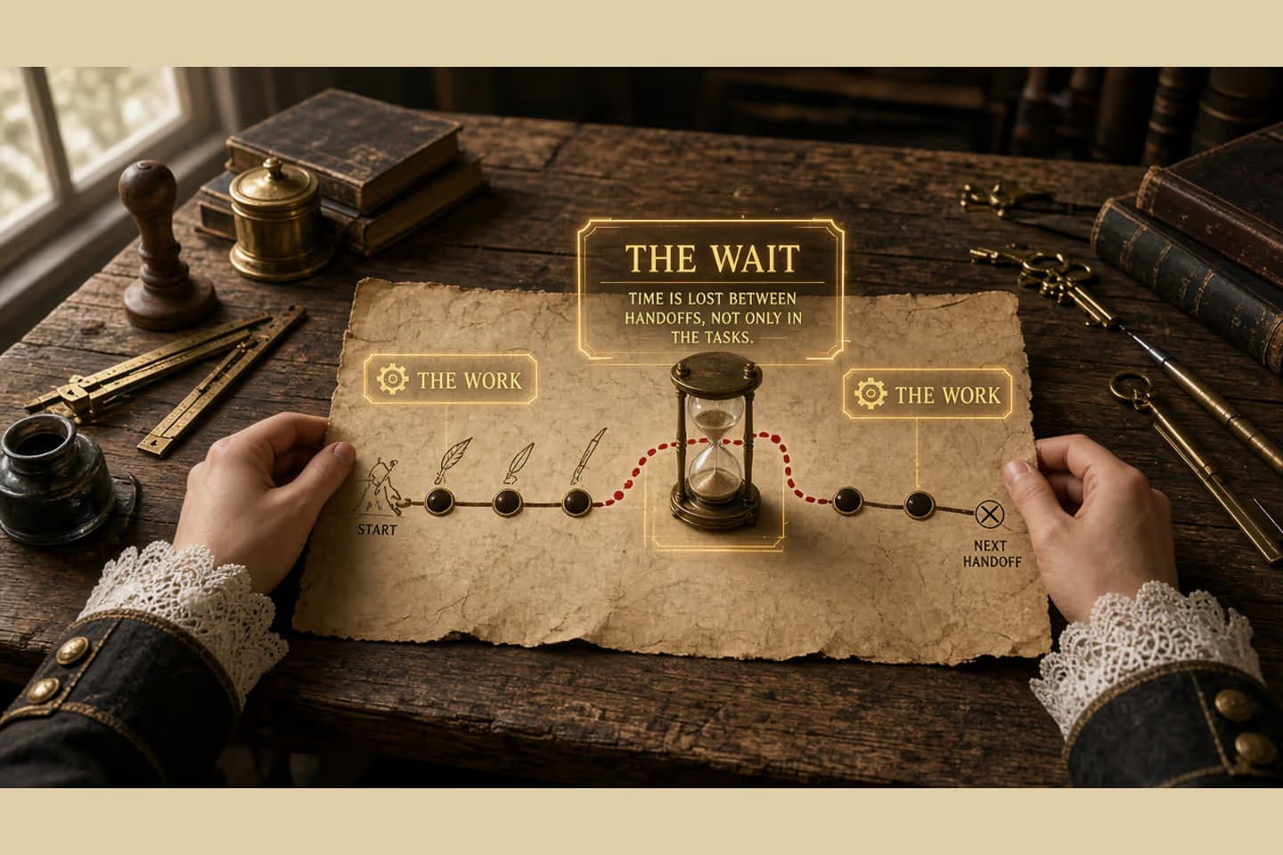 Hands hold a parchment path map with a brass hourglass on the idle stretch, labeled THE WAIT between segments of THE WORK.