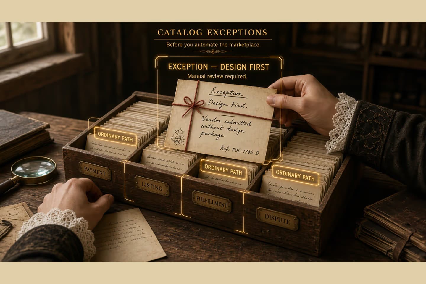 Hands pull an exception card from a wooden catalog of payment, listing, fulfillment, and dispute folios, marked EXCEPTION — DESIGN FIRST.