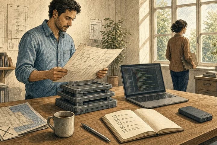 Cross-hatched editorial engraving of a person at a bright drafting counter reviewing a job ticket beside a laptop, with a leaderboard sheet set aside and another person by the window.