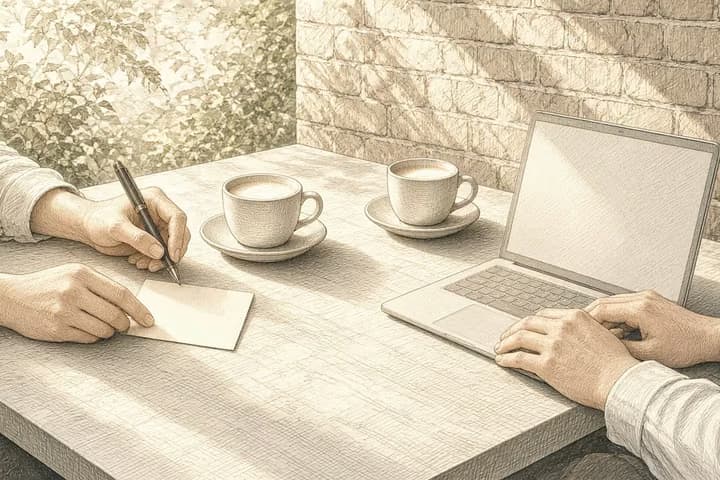 Sunny table: one person writes a blank card while another works on a laptop with an empty screen.