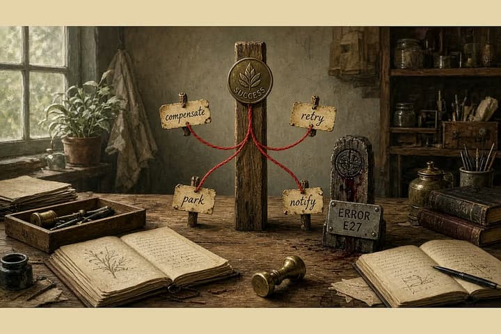 Antique workshop forked work path after a successful first stamp and failed second mark; four red-thread branches labeled compensate, retry, park, notify.