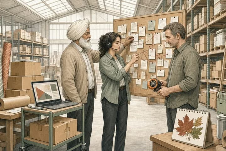 Editorial engraving of a skylit warehouse packing area where three colleagues review a cork board of pinned order slips, one tracing a red string back to an earlier point, surrounded by boxes, gift wrap and a laptop cart.