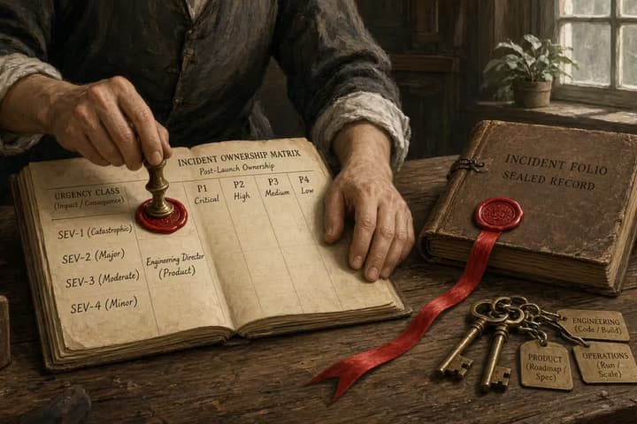 Antique operations desk with a severity matrix board, keyed cabinets for change rights, a red thread from P1 to a named owner card, and a coverage calendar.